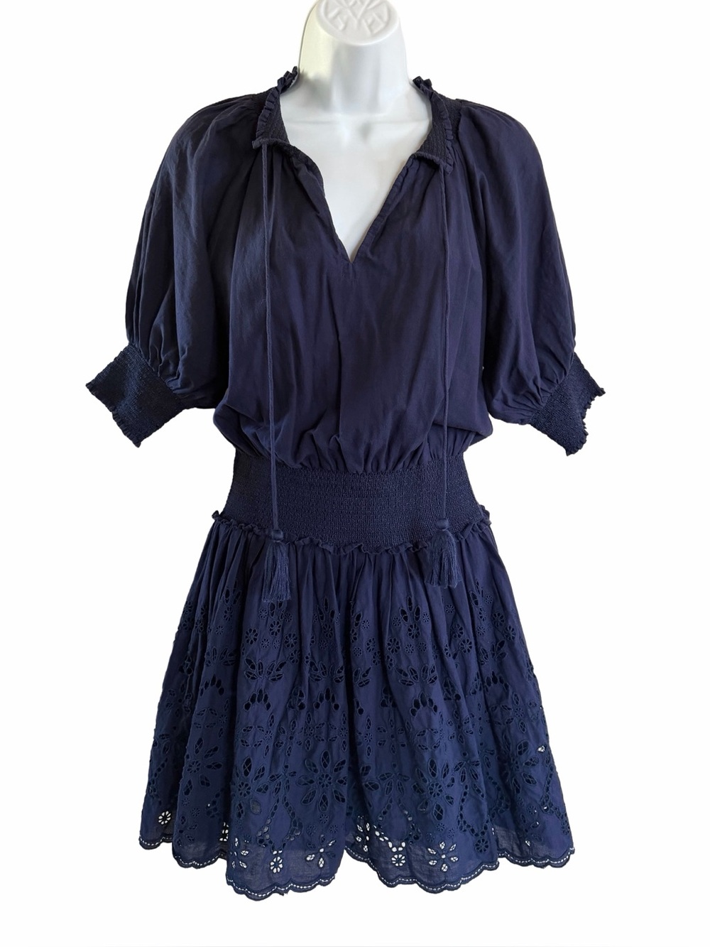 Roller Rabbit Fiorella Navy Eyelet Cotton Smocked Mini Dress Small